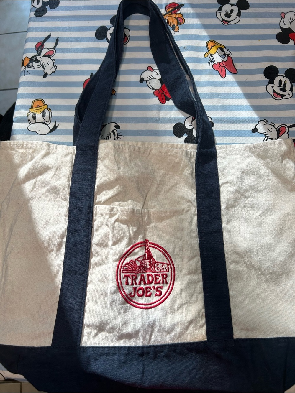 Trader Joe's Natural Canvas Tote with Navy Straps and Red Logo